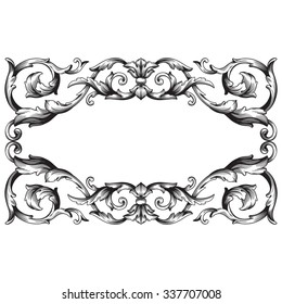 Vintage baroque frame scroll ornament engraving border floral retro pattern antique style acanthus foliage swirl decorative design element filigree calligraphy vector | damask - stock vector