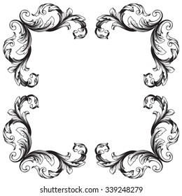 Vintage baroque frame scroll ornament engraving border floral retro pattern antique style acanthus foliage swirl decorative design element filigree calligraphy vector | damask - stock vector
