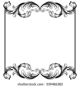 Vintage baroque frame scroll ornament engraving border floral retro pattern antique style acanthus foliage swirl decorative design element filigree calligraphy vector | damask - stock vector