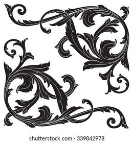 Vintage baroque frame scroll ornament engraving border floral retro pattern antique style acanthus foliage swirl decorative design element filigree calligraphy vector | damask - stock vector
