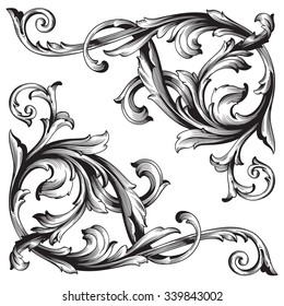 Vintage baroque frame scroll ornament engraving border floral retro pattern antique style acanthus foliage swirl decorative design element filigree calligraphy vector | damask - stock vector