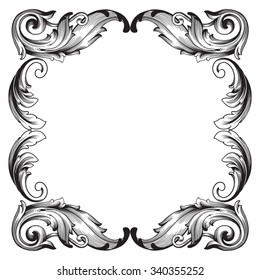 Vintage baroque frame scroll ornament engraving border floral retro pattern antique style acanthus foliage swirl decorative design element filigree calligraphy vector | damask - stock vector