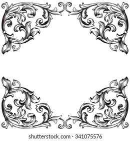 Vintage baroque frame scroll ornament engraving border floral retro pattern antique style acanthus foliage swirl decorative design element filigree calligraphy vector | damask - stock vector