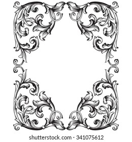 Vintage baroque frame scroll ornament engraving border floral retro pattern antique style acanthus foliage swirl decorative design element filigree calligraphy vector | damask - stock vector