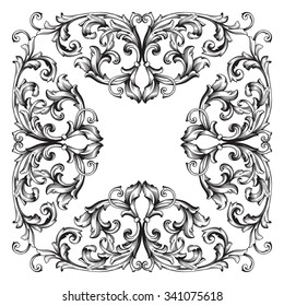 Vintage baroque frame scroll ornament engraving border floral retro pattern antique style acanthus foliage swirl decorative design element filigree calligraphy vector | damask - stock vector