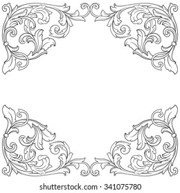Vintage baroque frame scroll ornament engraving border floral retro pattern antique style acanthus foliage swirl decorative design element filigree calligraphy vector | damask - stock vector
