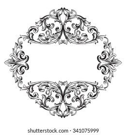Vintage baroque frame scroll ornament engraving border floral retro pattern antique style acanthus foliage swirl decorative design element filigree calligraphy vector | damask - stock vector
