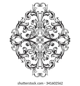Vintage baroque frame scroll ornament engraving border floral retro pattern antique style acanthus foliage swirl decorative design element filigree calligraphy vector | damask - stock vector