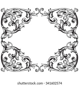 Vintage baroque frame scroll ornament engraving border floral retro pattern antique style acanthus foliage swirl decorative design element filigree calligraphy vector | damask - stock vector