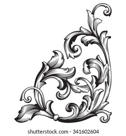 Vintage baroque frame scroll ornament engraving border floral retro pattern antique style acanthus foliage swirl decorative design element filigree calligraphy vector | damask - stock vector