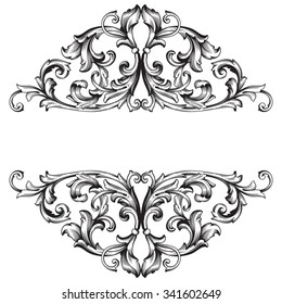 Vintage baroque frame scroll ornament engraving border floral retro pattern antique style acanthus foliage swirl decorative design element filigree calligraphy vector | damask - stock vector