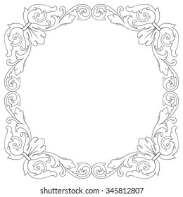 Vintage baroque frame scroll ornament engraving border floral retro pattern antique style acanthus foliage swirl decorative design element filigree calligraphy vector