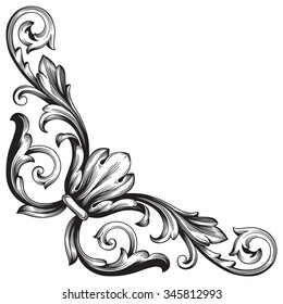 Vintage baroque frame scroll ornament engraving border floral retro pattern antique style acanthus foliage swirl decorative design element filigree calligraphy vector