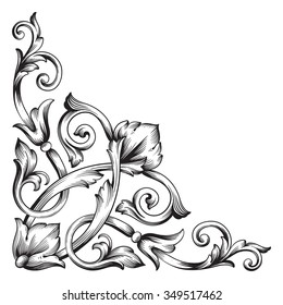Vintage baroque frame scroll ornament engraving border floral retro pattern antique style acanthus foliage swirl decorative design element filigree calligraphy vector | damask - stock vector