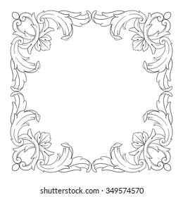 Vintage baroque frame scroll ornament engraving border floral retro pattern antique style acanthus foliage swirl decorative design element filigree calligraphy vector