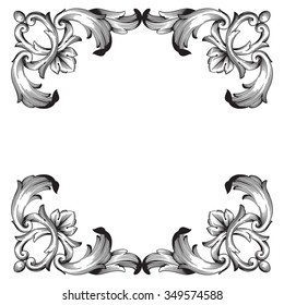 Vintage baroque frame scroll ornament engraving border floral retro pattern antique style acanthus foliage swirl decorative design element filigree calligraphy vector