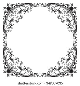 Vintage baroque frame scroll ornament engraving border floral retro pattern antique style acanthus foliage swirl decorative design element filigree calligraphy vector | damask - stock vector