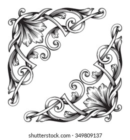 Vintage baroque frame scroll ornament engraving border floral retro pattern antique style acanthus foliage swirl decorative design element filigree calligraphy vector | damask - stock vector