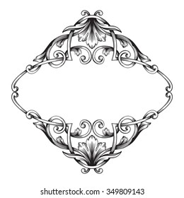Vintage baroque frame scroll ornament engraving border floral retro pattern antique style acanthus foliage swirl decorative design element filigree calligraphy vector | damask - stock vector