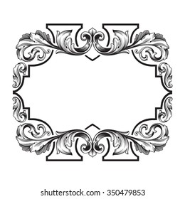 Vintage baroque frame scroll ornament engraving border floral retro pattern antique style acanthus foliage swirl decorative design element filigree calligraphy vector | damask - stock vector