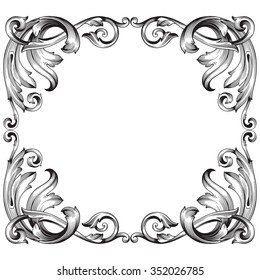 Vintage baroque frame scroll ornament engraving border floral retro pattern antique style acanthus foliage swirl decorative design element filigree calligraphy vector