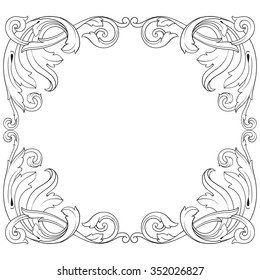 Vintage baroque frame scroll ornament engraving border floral retro pattern antique style acanthus foliage swirl decorative design element filigree calligraphy vector