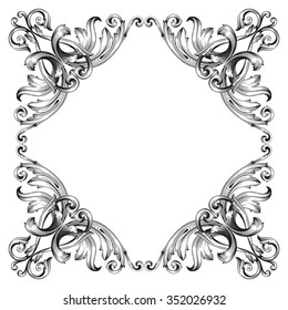 Vintage baroque frame scroll ornament engraving border floral retro pattern antique style acanthus foliage swirl decorative design element filigree calligraphy vector