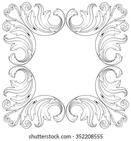 Vintage baroque frame scroll ornament engraving border floral retro pattern antique style acanthus foliage swirl decorative design element filigree calligraphy vector