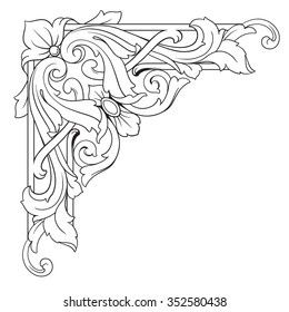 Vintage baroque frame scroll ornament engraving border floral retro pattern antique style acanthus foliage swirl decorative design element filigree calligraphy vector | damask - stock vector