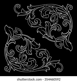 Vintage baroque frame scroll ornament engraving border floral retro pattern antique style acanthus foliage swirl decorative design element filigree calligraphy vector | chalkboard ornaments