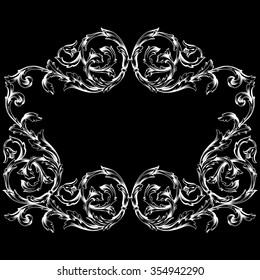 Vintage baroque frame scroll ornament engraving border floral retro pattern antique style acanthus foliage swirl decorative design element filigree calligraphy vector | chalkboard ornaments