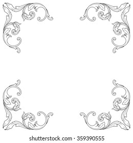 Vintage baroque frame scroll ornament engraving border floral retro pattern antique style acanthus foliage swirl decorative design element filigree calligraphy vector