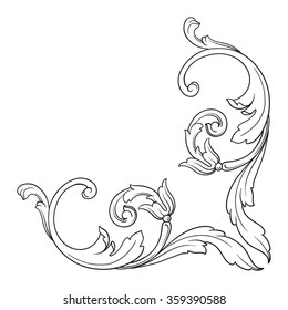 Vintage baroque frame scroll ornament engraving border floral retro pattern antique style acanthus foliage swirl decorative design element filigree calligraphy vector