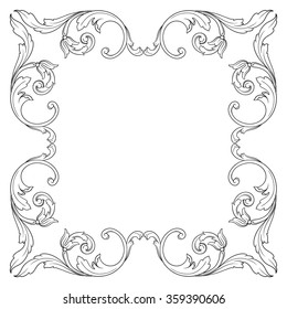 Vintage baroque frame scroll ornament engraving border floral retro pattern antique style acanthus foliage swirl decorative design element filigree calligraphy vector
