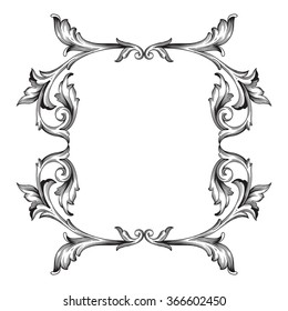 Vintage baroque frame scroll ornament engraving border floral retro pattern antique style acanthus foliage swirl decorative design element filigree calligraphy vector