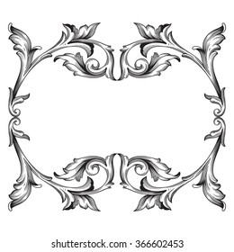 Vintage baroque frame scroll ornament engraving border floral retro pattern antique style acanthus foliage swirl decorative design element filigree calligraphy vector