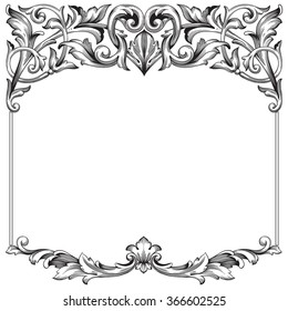 Vintage Baroque Frame Scroll Ornament Engraving Border Floral Retro Pattern Antique Style Acanthus Foliage Swirl Decorative Design Element Filigree Calligraphy Vector