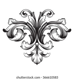 Vintage baroque frame scroll ornament engraving border floral retro pattern antique style acanthus foliage swirl decorative design element filigree calligraphy vector. Damask style