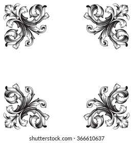 Vintage baroque frame scroll ornament engraving border floral retro pattern antique style acanthus foliage swirl decorative design element filigree calligraphy vector. Damask style