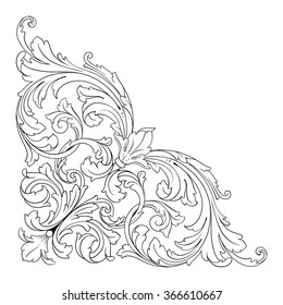 Vintage baroque frame scroll ornament engraving border floral retro pattern antique style acanthus foliage swirl decorative design element filigree calligraphy vector. Damask style