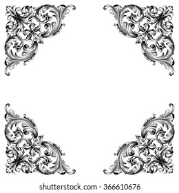 Vintage baroque frame scroll ornament engraving border floral retro pattern antique style acanthus foliage swirl decorative design element filigree calligraphy vector. Damask style