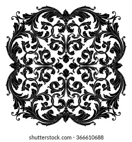 Vintage baroque frame scroll ornament engraving border floral retro pattern antique style acanthus foliage swirl decorative design element filigree calligraphy vector. Damask style