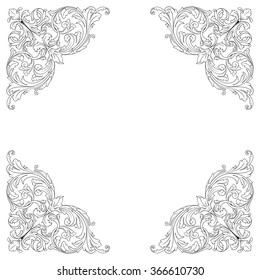 Vintage baroque frame scroll ornament engraving border floral retro pattern antique style acanthus foliage swirl decorative design element filigree calligraphy vector. Damask style