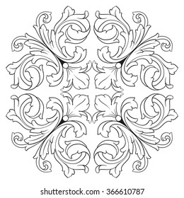 Vintage baroque frame scroll ornament engraving border floral retro pattern antique style acanthus foliage swirl decorative design element filigree calligraphy vector. Damask style