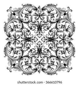 Vintage baroque frame scroll ornament engraving border floral retro pattern antique style acanthus foliage swirl decorative design element filigree calligraphy vector. Damask style
