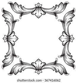 Vintage baroque frame scroll ornament engraving border floral retro pattern antique style acanthus foliage swirl decorative design element filigree calligraphy vector | damask - stock vector