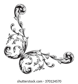 Vintage baroque frame scroll ornament engraving border floral retro pattern antique style acanthus foliage swirl decorative design element filigree calligraphy vector | damask - stock vector