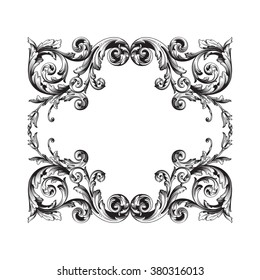 Vintage baroque frame scroll ornament engraving border floral retro pattern antique style acanthus foliage swirl decorative design element filigree calligraphy vector | damask - stock vector