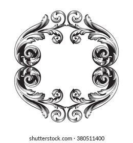 Vintage baroque frame scroll ornament engraving border floral retro pattern antique style acanthus foliage swirl decorative design element filigree calligraphy vector | damask - stock vector