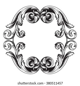 Vintage baroque frame scroll ornament engraving border floral retro pattern antique style acanthus foliage swirl decorative design element filigree calligraphy vector | damask - stock vector